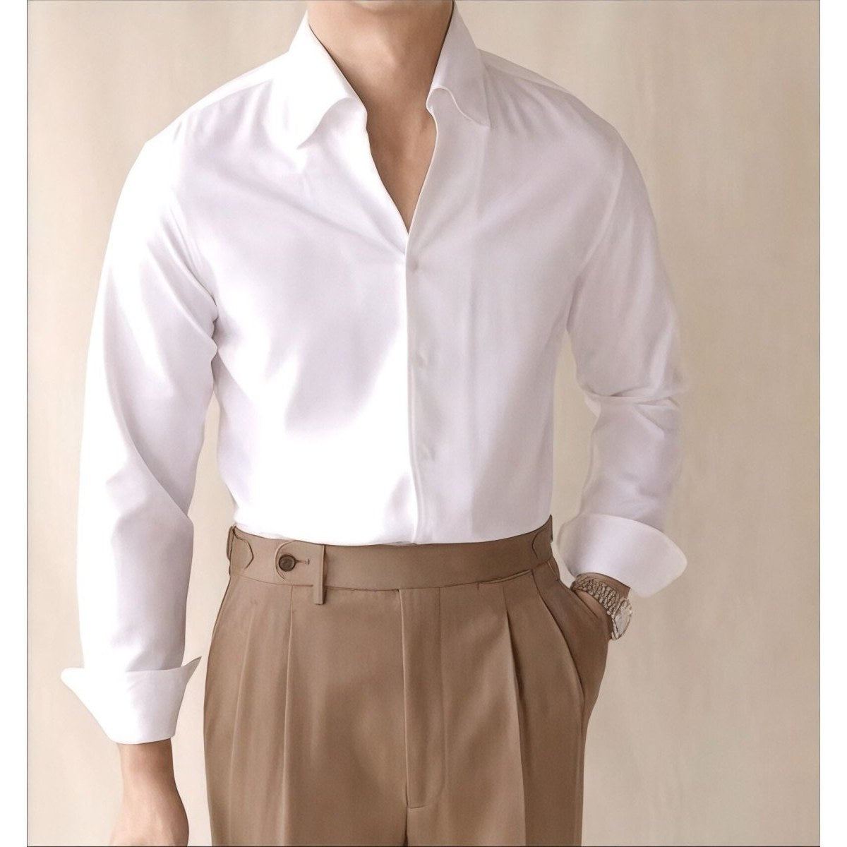 Men's white shirt and white high-waist trousers set