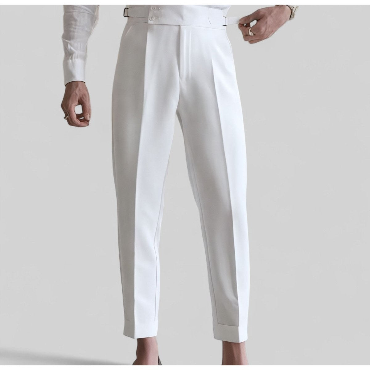 Men's white shirt and white high-waist trousers set