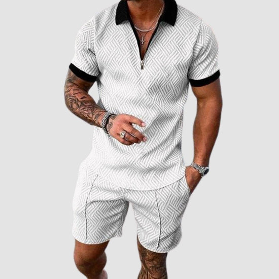 Men's White Zip-Collar T-Shirt and Shorts Set
