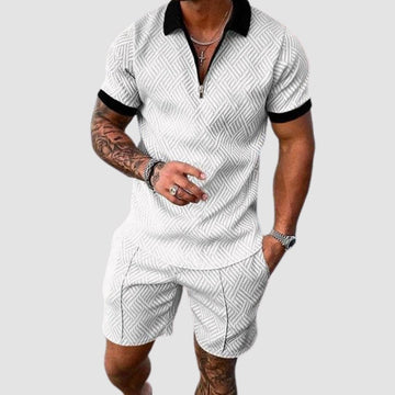 Men's White Zip-Collar T-Shirt and Shorts Set