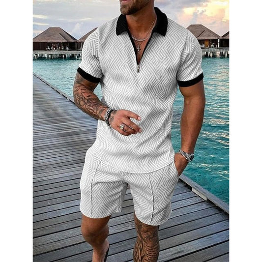 Men's White Zip-Collar T-Shirt and Shorts Set