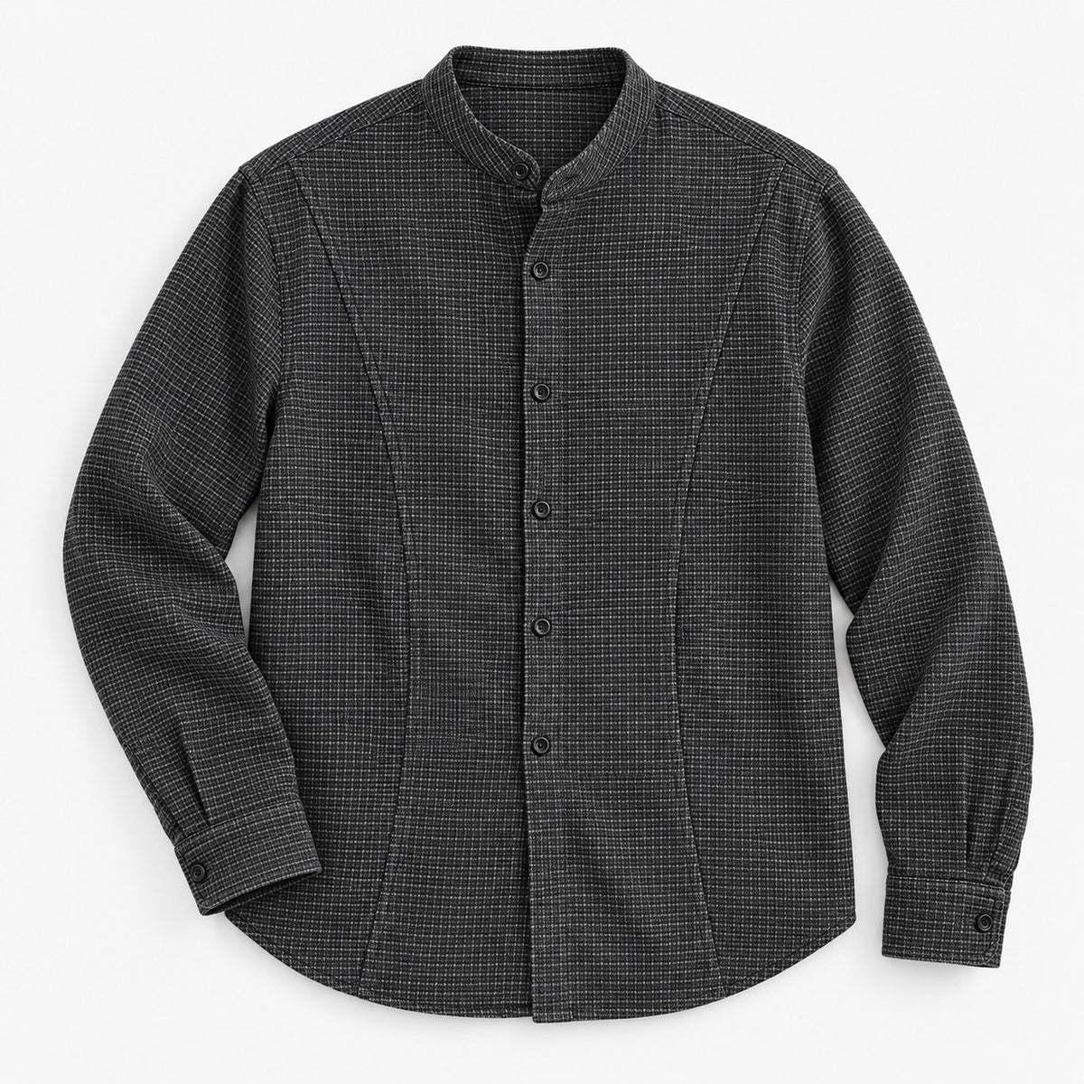 Microcheck band collar shirt with panel seams