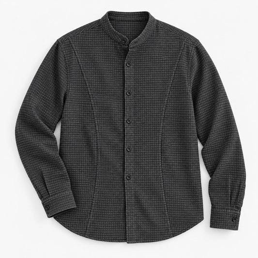 Microcheck band collar shirt with panel seams
