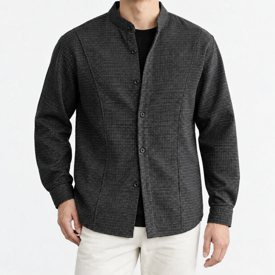 Microcheck band collar shirt with panel seams