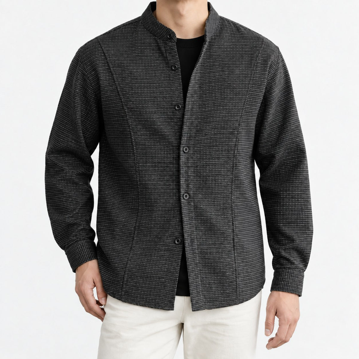 Microcheck band collar shirt with panel seams