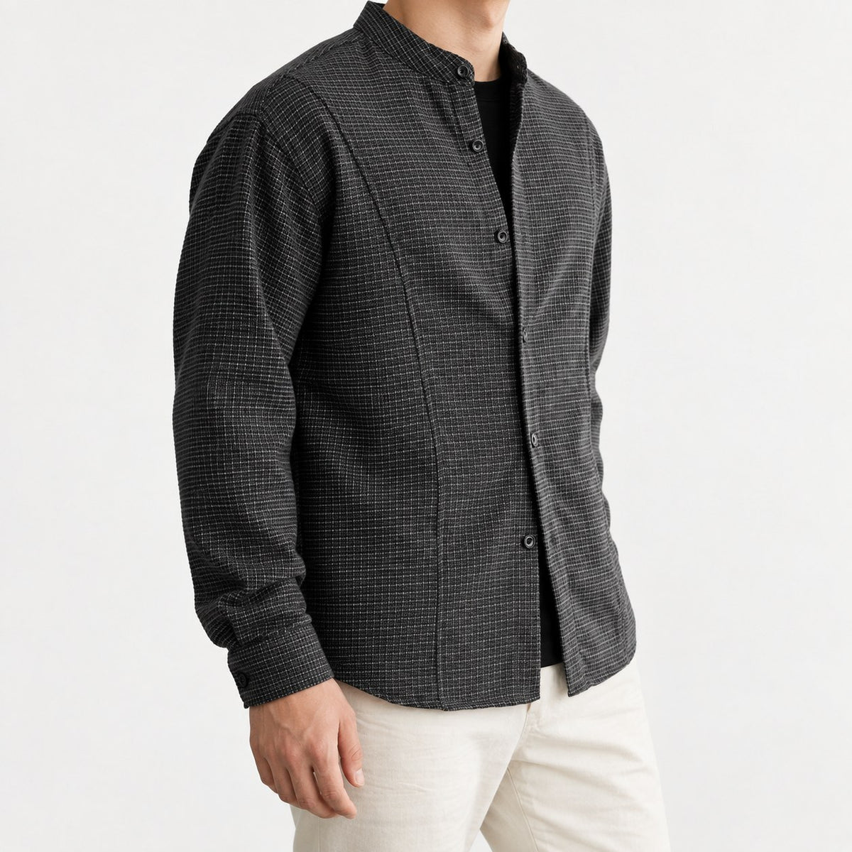 Microcheck band collar shirt with panel seams