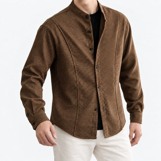 Microcheck band collar shirt with panel seams