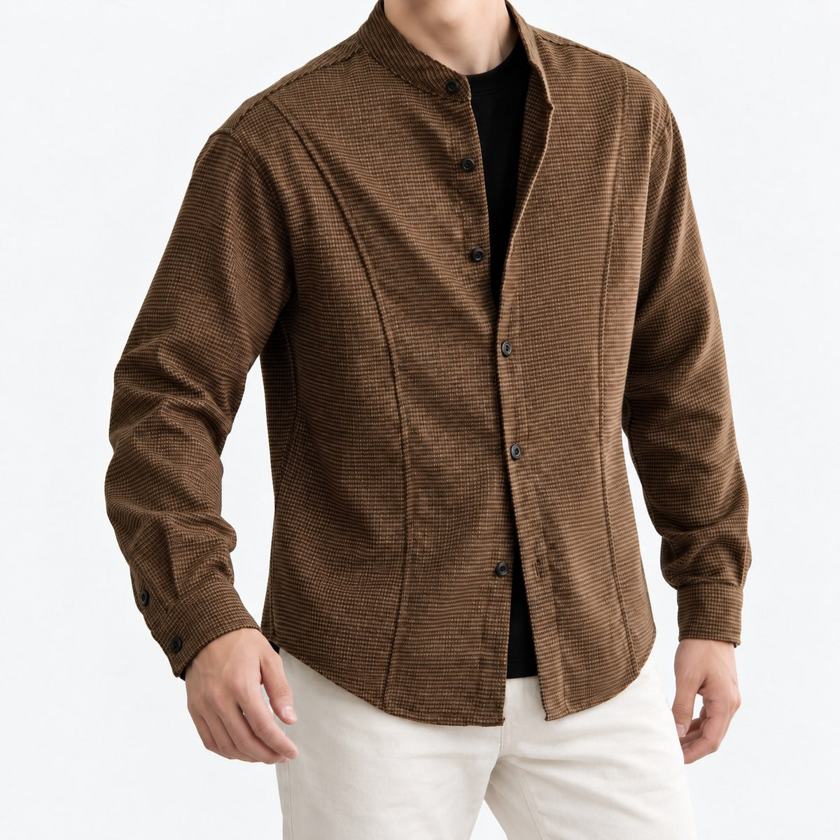 Microcheck band collar shirt with panel seams