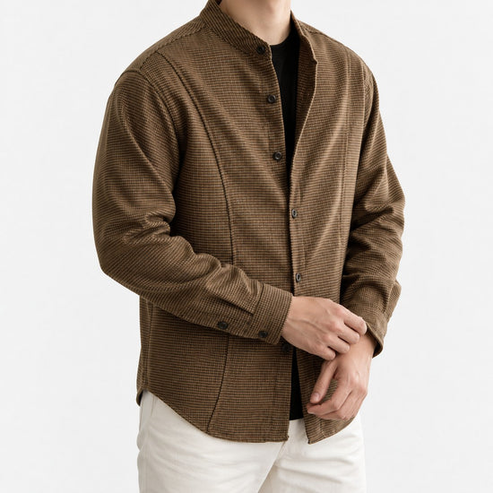 Microcheck band collar shirt with panel seams