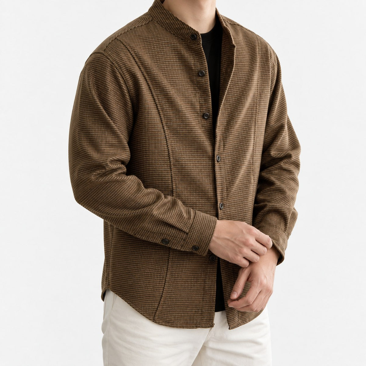 Microcheck band collar shirt with panel seams