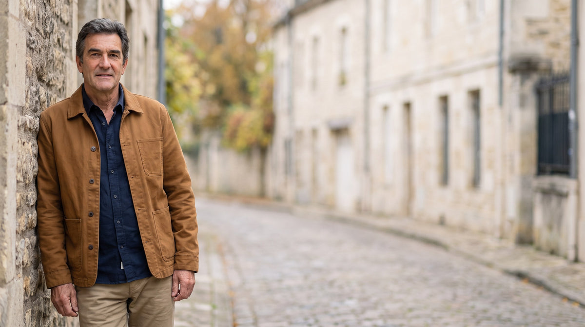 Man in a brown jacket and navy shirt on a cobbled European street