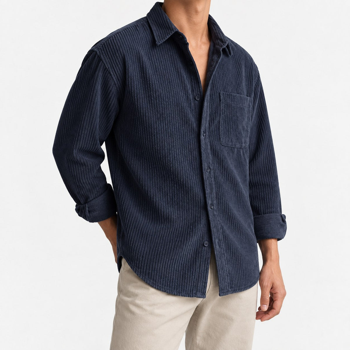 Relaxed corduroy shirt with a curved hem
