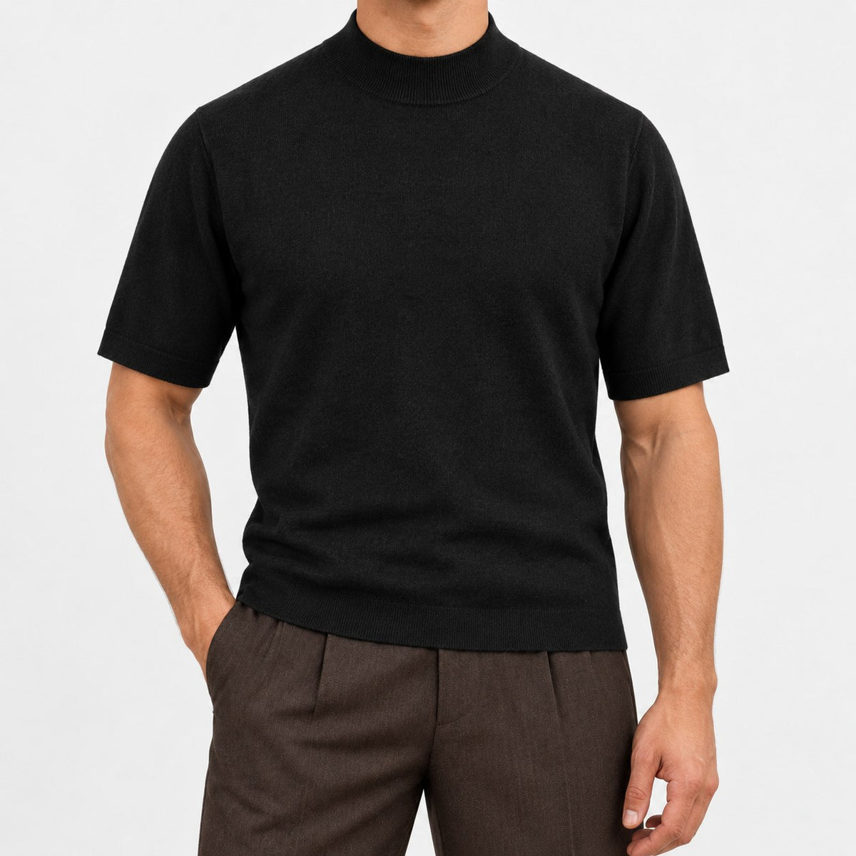 Short sleeve wool mock neck top