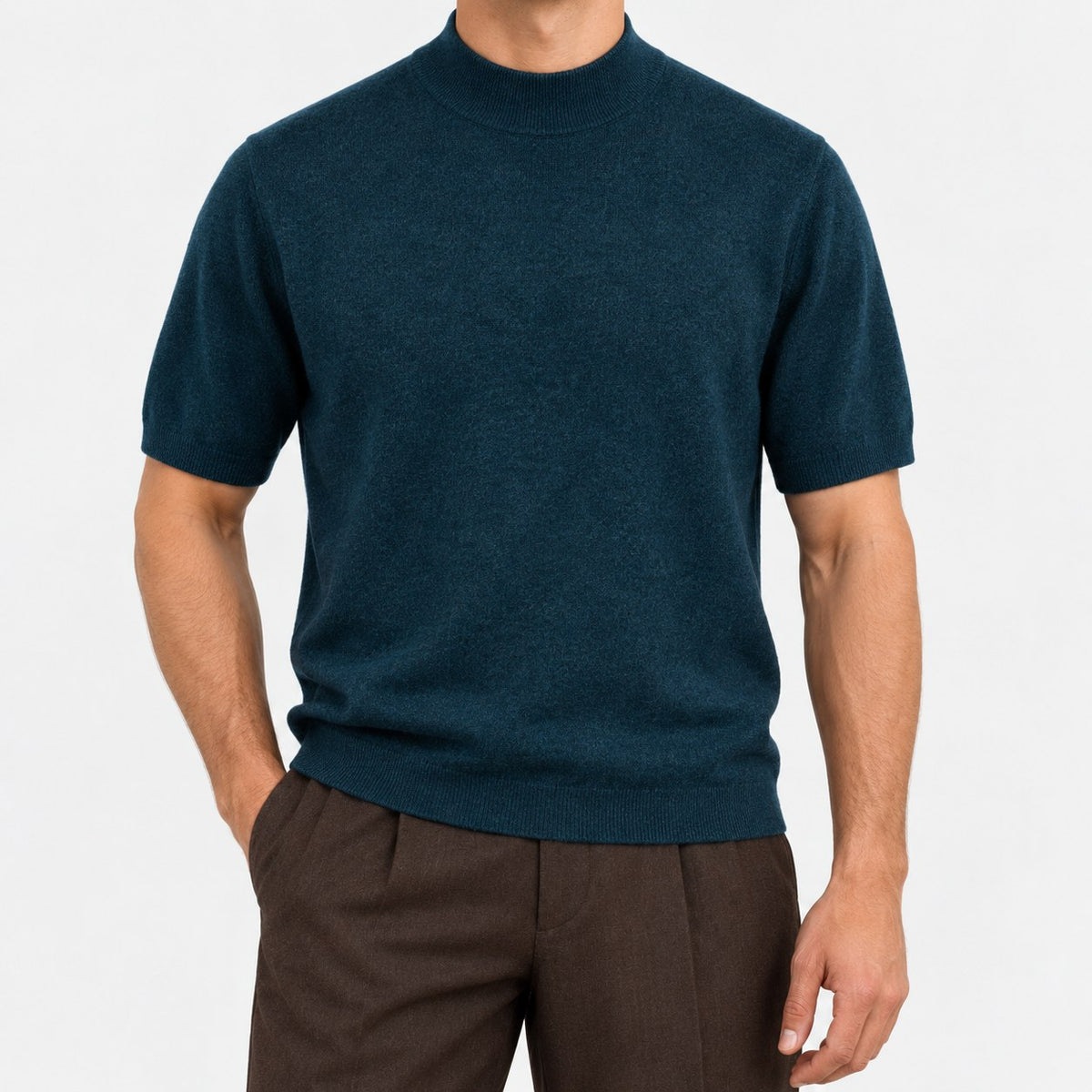 Short sleeve wool mock neck top