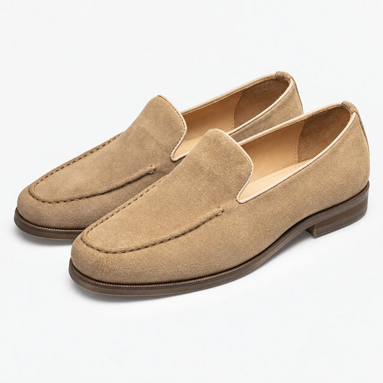 Suede slip on loafers with apron stitching