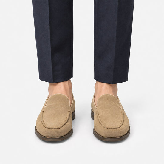 Suede slip on loafers with apron stitching