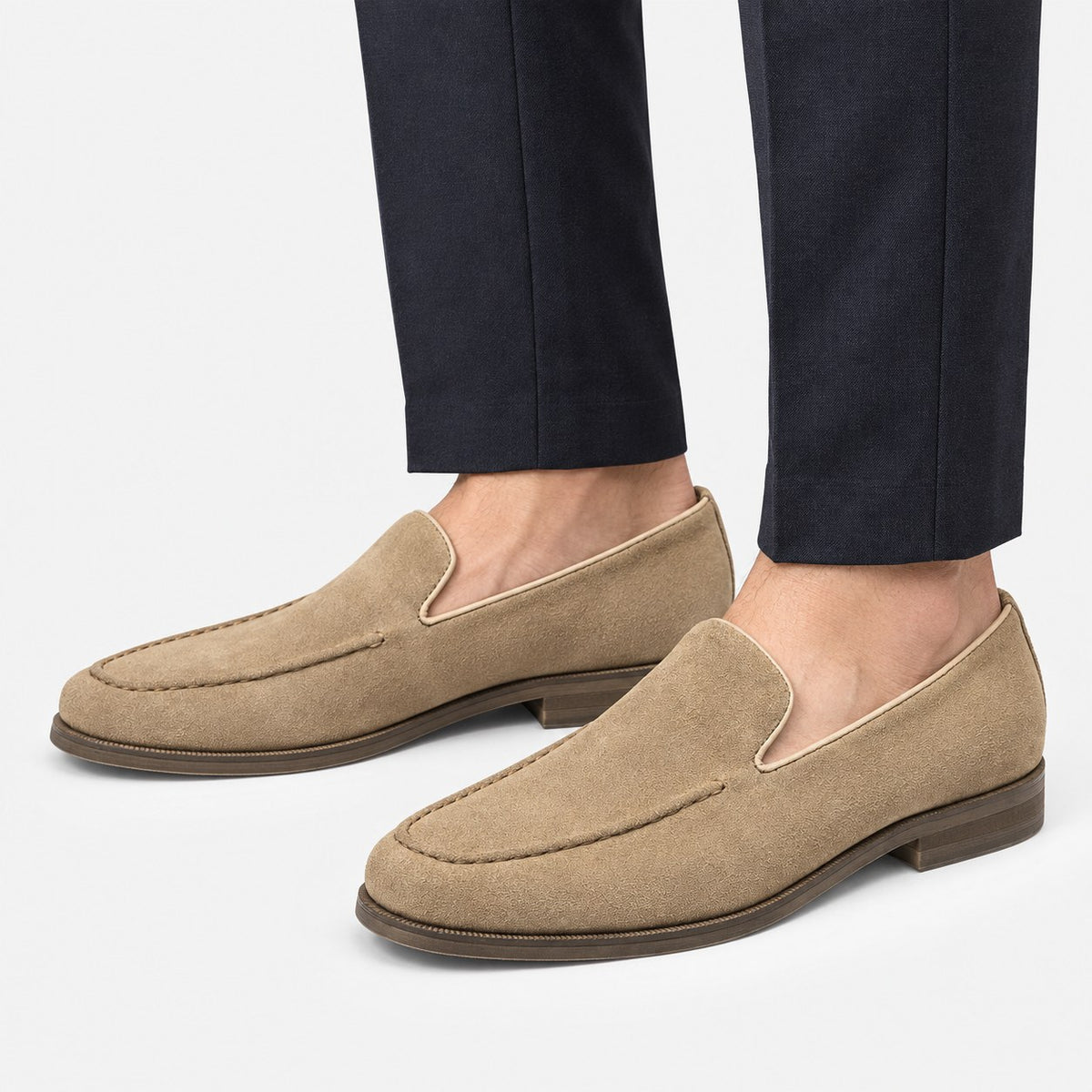 Suede slip on loafers with apron stitching