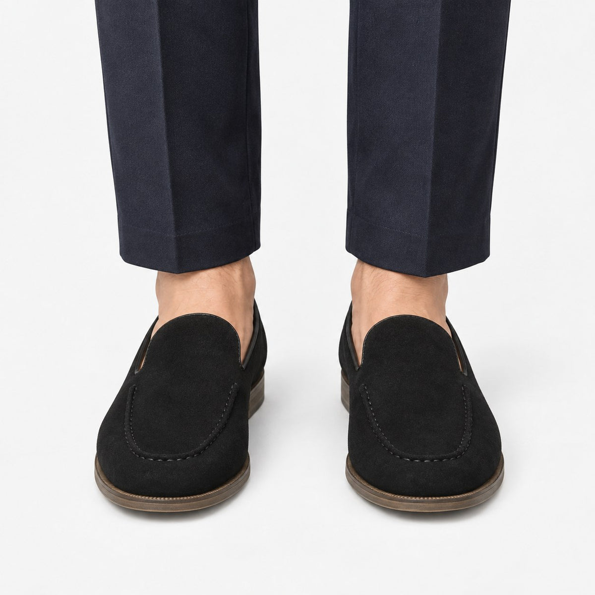 Suede slip on loafers with apron stitching