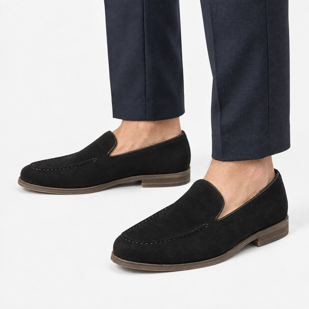 Suede slip on loafers with apron stitching