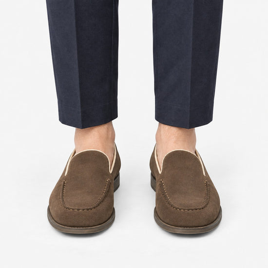 Suede slip on loafers with apron stitching