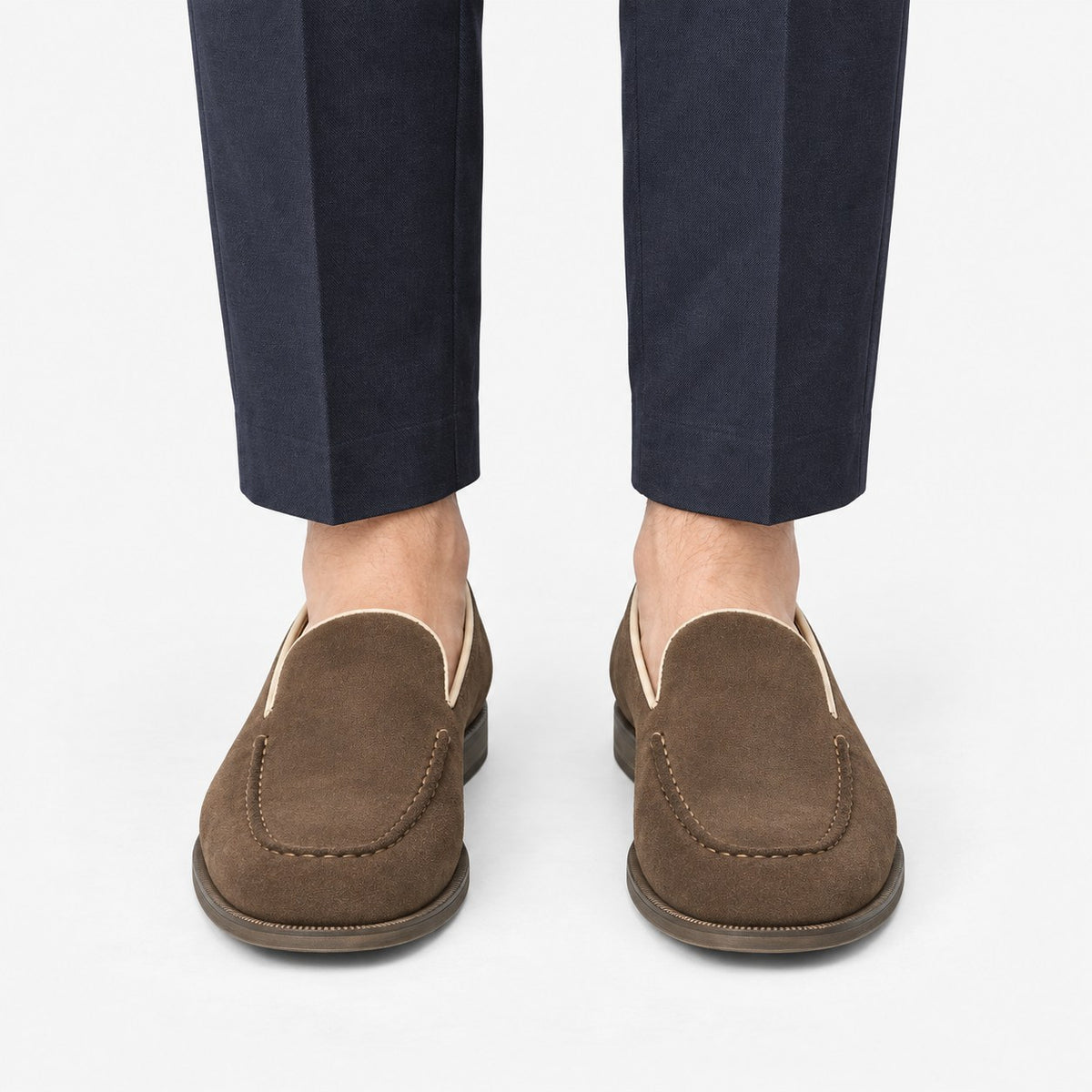 Suede slip on loafers with apron stitching