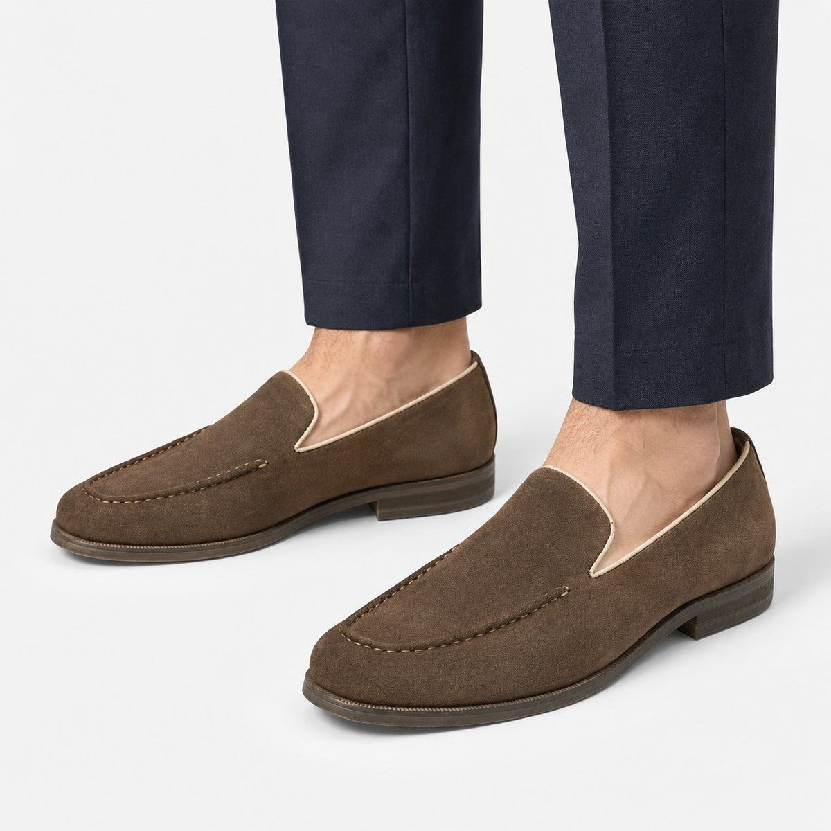 Suede slip on loafers with apron stitching
