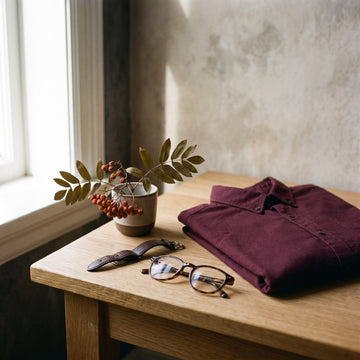 Folded burgundy shirt, watch strap and reading glasses on an oak desk