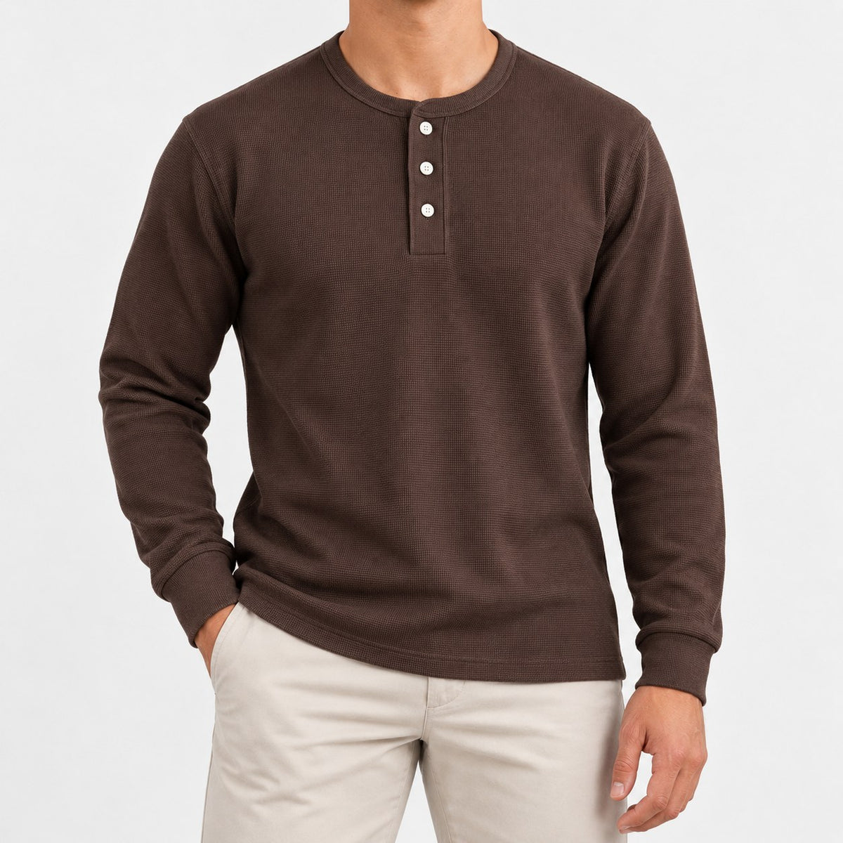 Waffle knit long sleeve henley