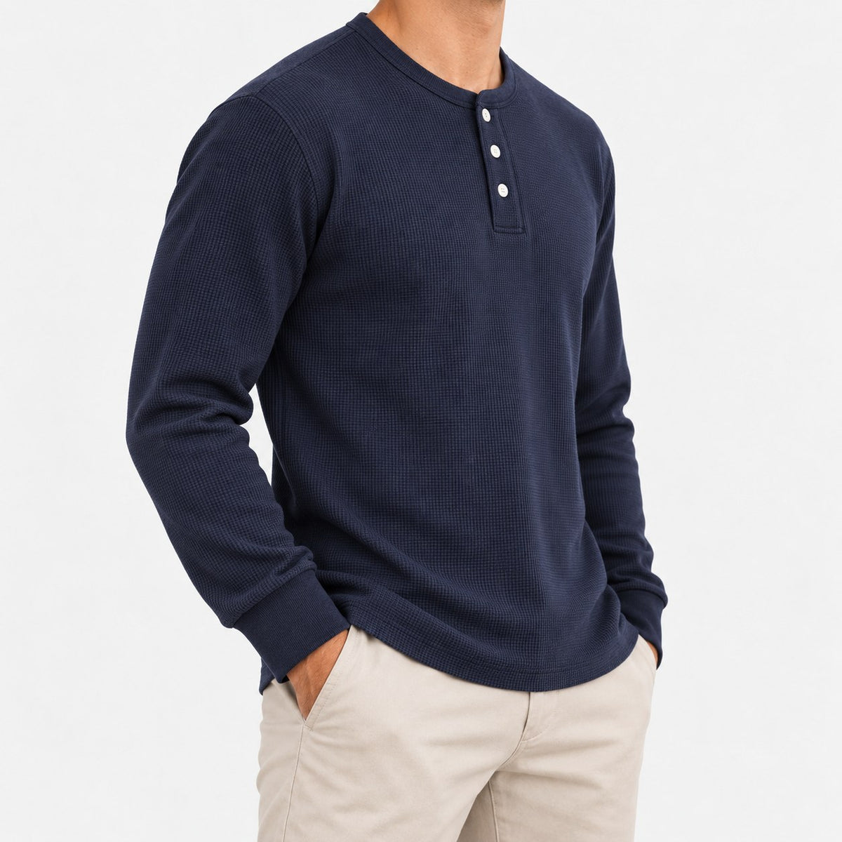 Waffle knit long sleeve henley