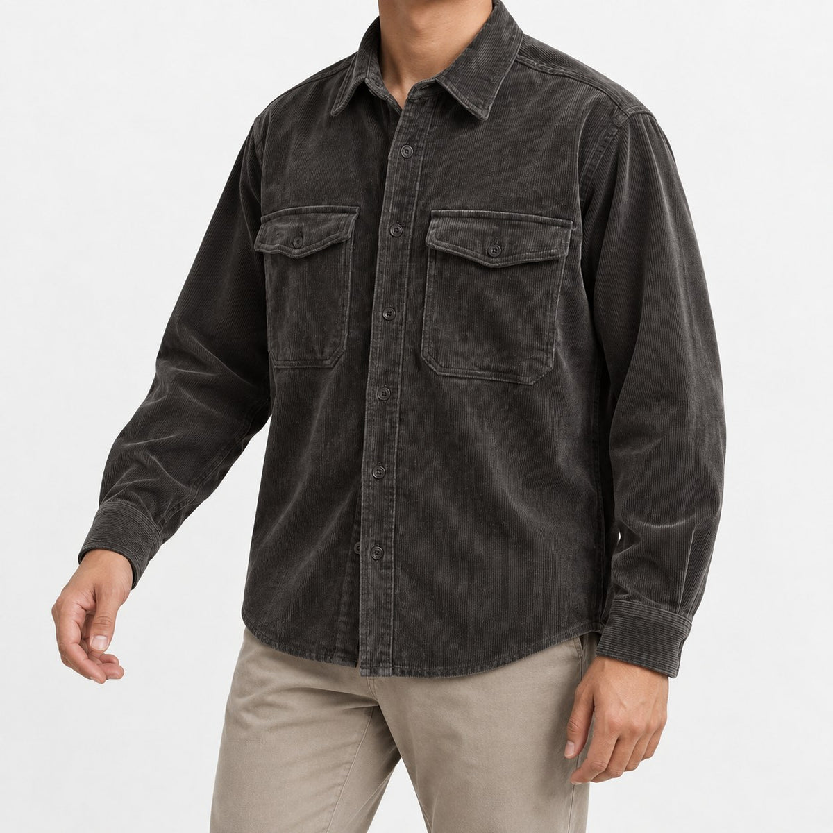 Washed cotton corduroy double pocket shirt