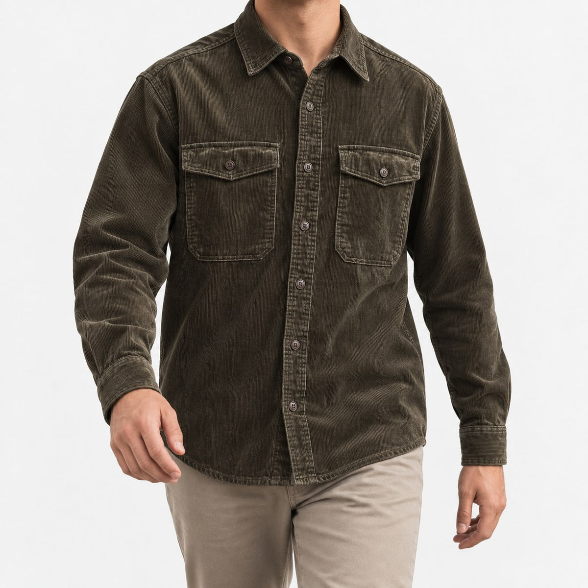 Washed cotton corduroy double pocket shirt