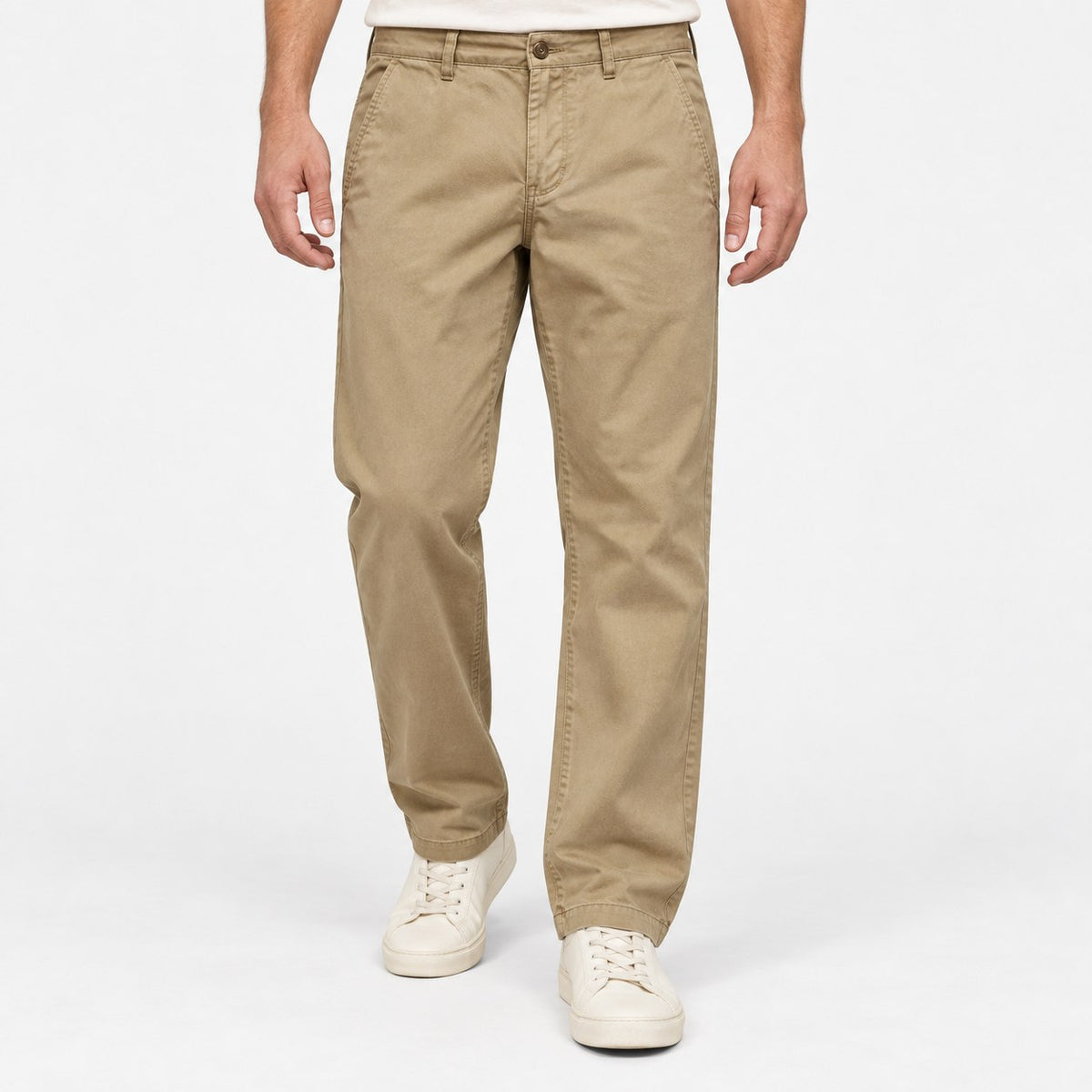 Washed cotton straight trousers with welt pockets