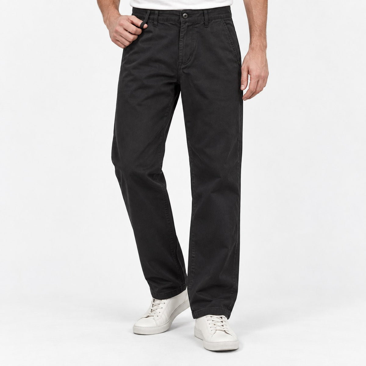 Washed cotton straight trousers with welt pockets