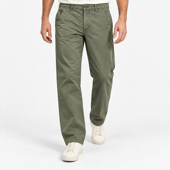 Washed cotton straight trousers with welt pockets