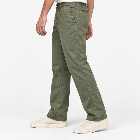 Washed cotton straight trousers with welt pockets