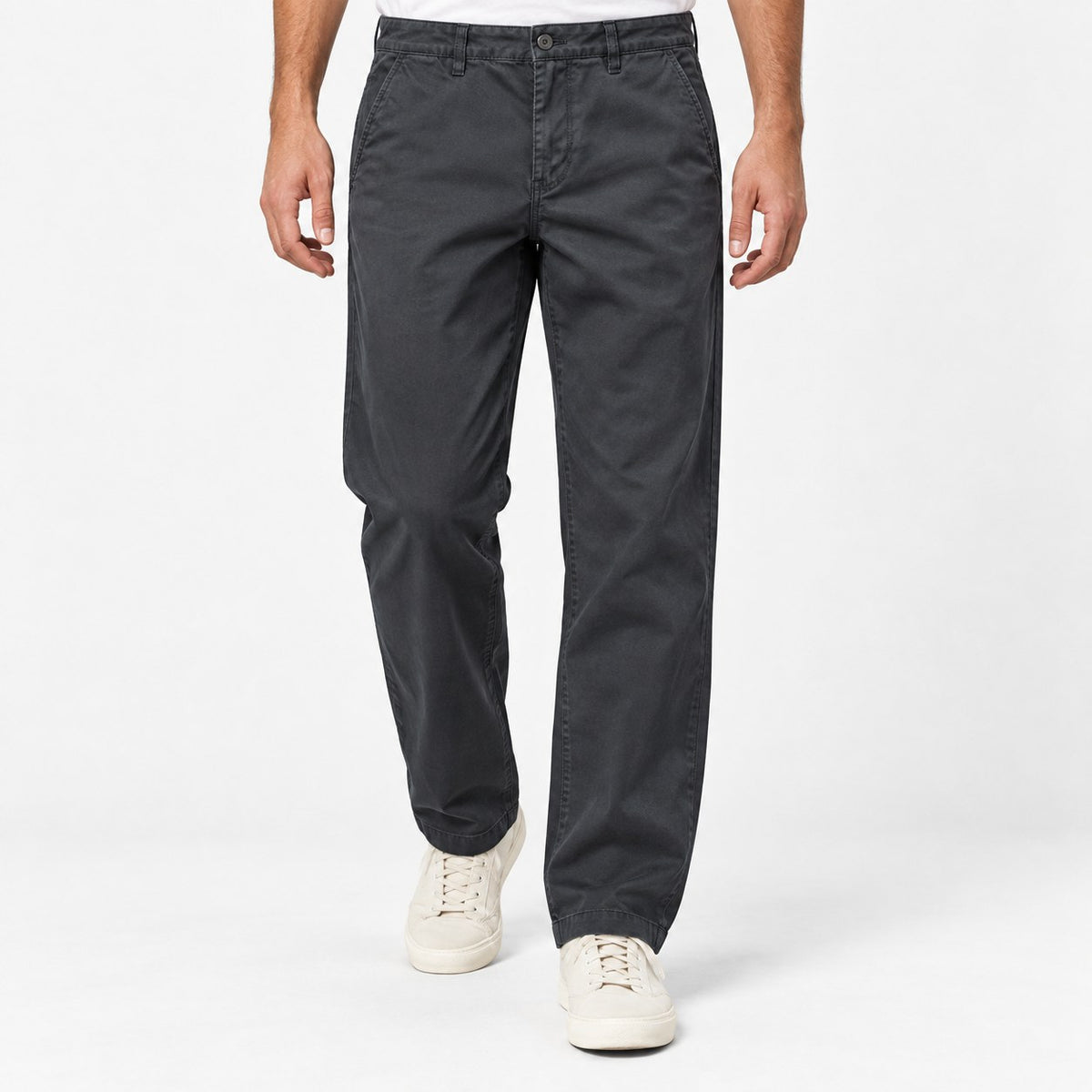 Washed cotton straight trousers with welt pockets