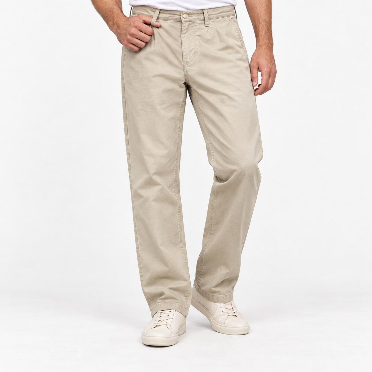 Washed cotton straight trousers with welt pockets
